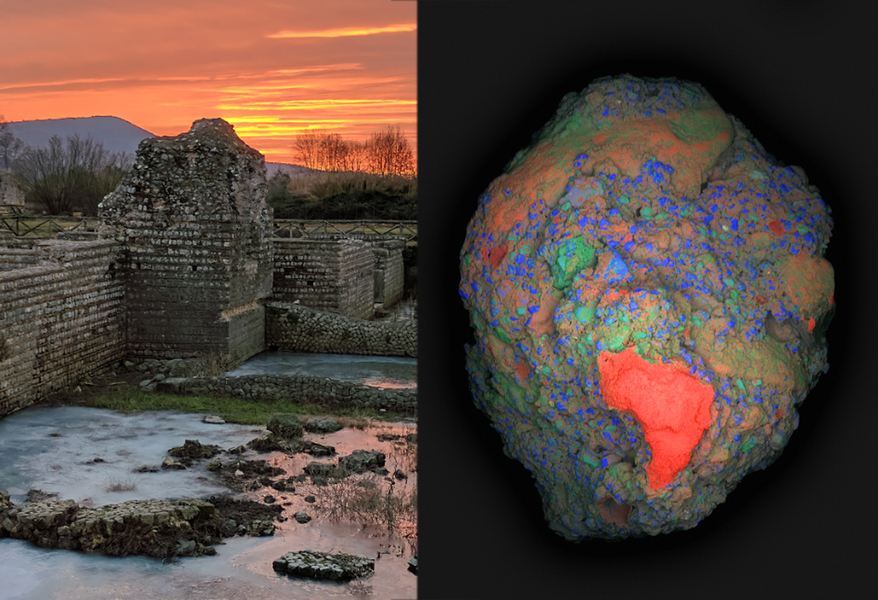 On left, Roman concrete structures of Privernum, Italy with icy puddles, orange sky, and rural location. On right, the concrete fragment is colorized with rainbow colors, including a prominent section colored red.