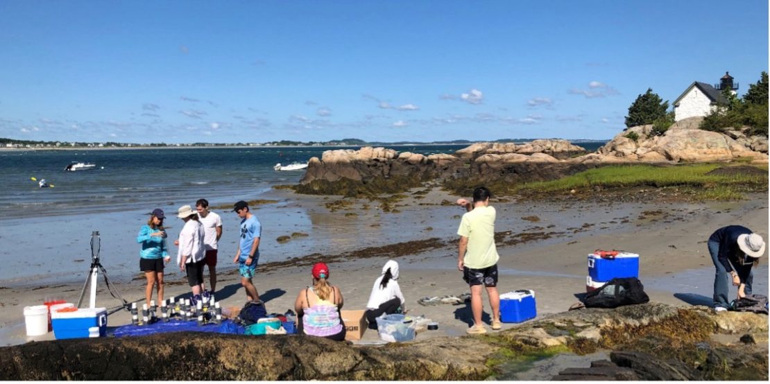 Field crew assembling equipment and waiting for divers to return with sediment cores.